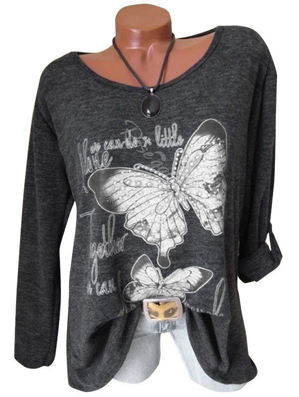 

Plus Size Butterfly Print Marled T Shirt, Dark gray