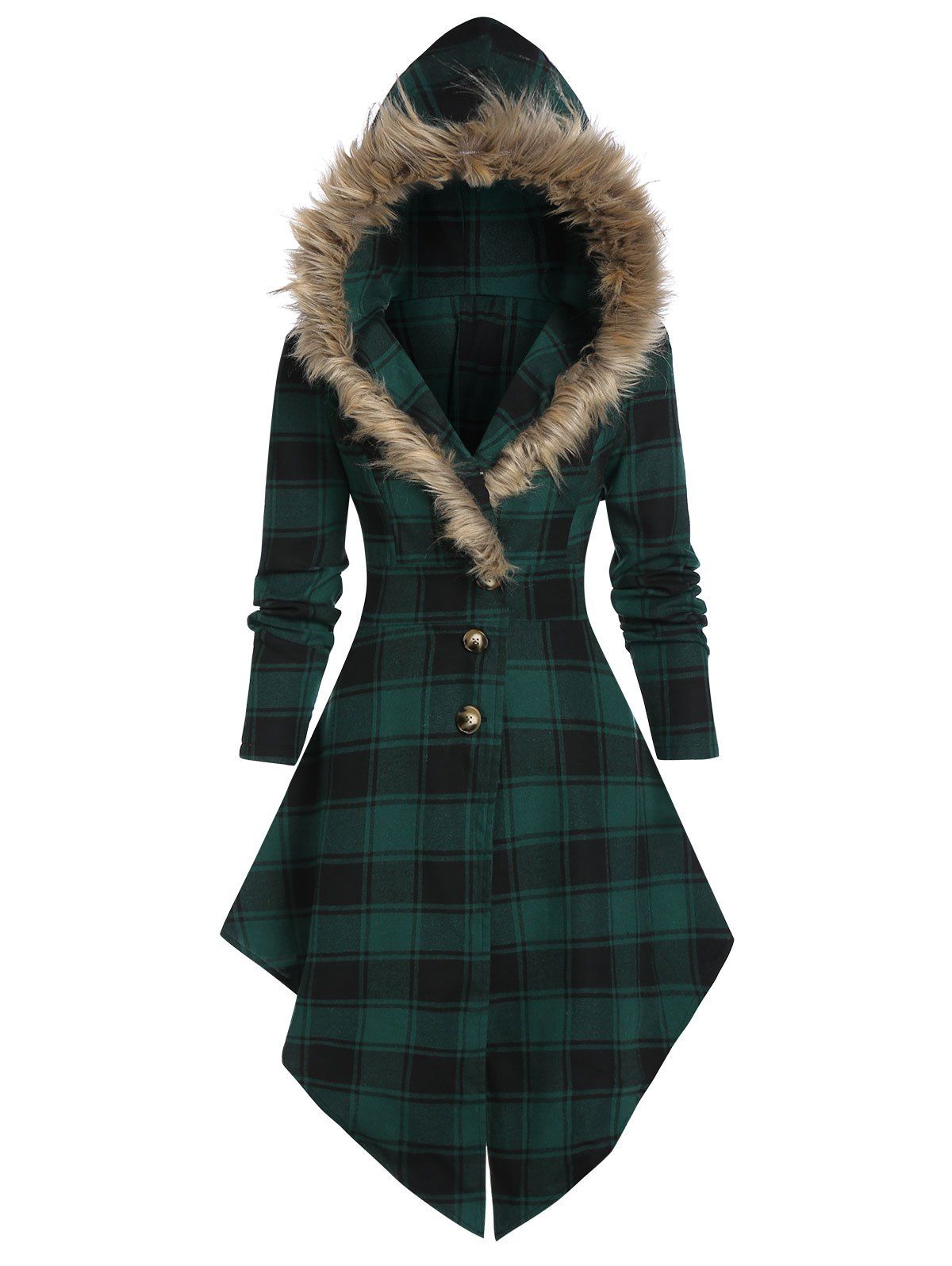 

Plaid Print Lace-up Skirted Coat with Faux Fur Hood, Medium sea green