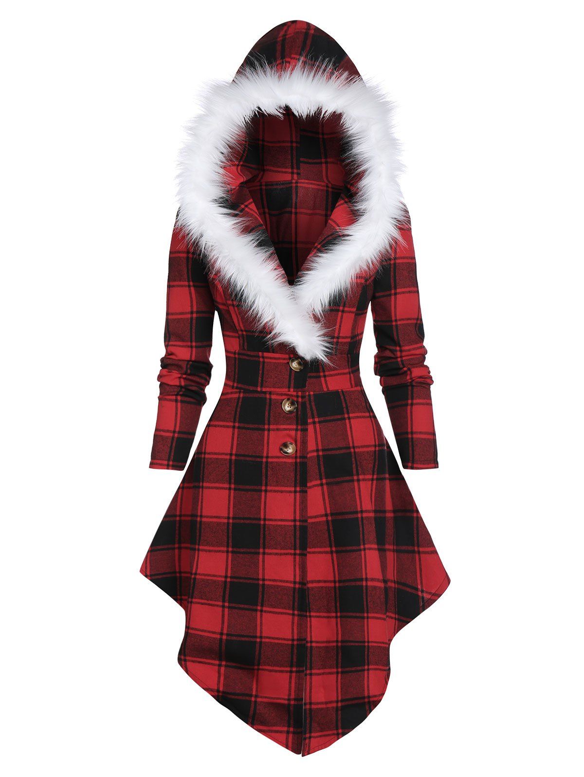 

Plaid Print Lace-up Skirted Coat with Faux Fur Hood, Lava red