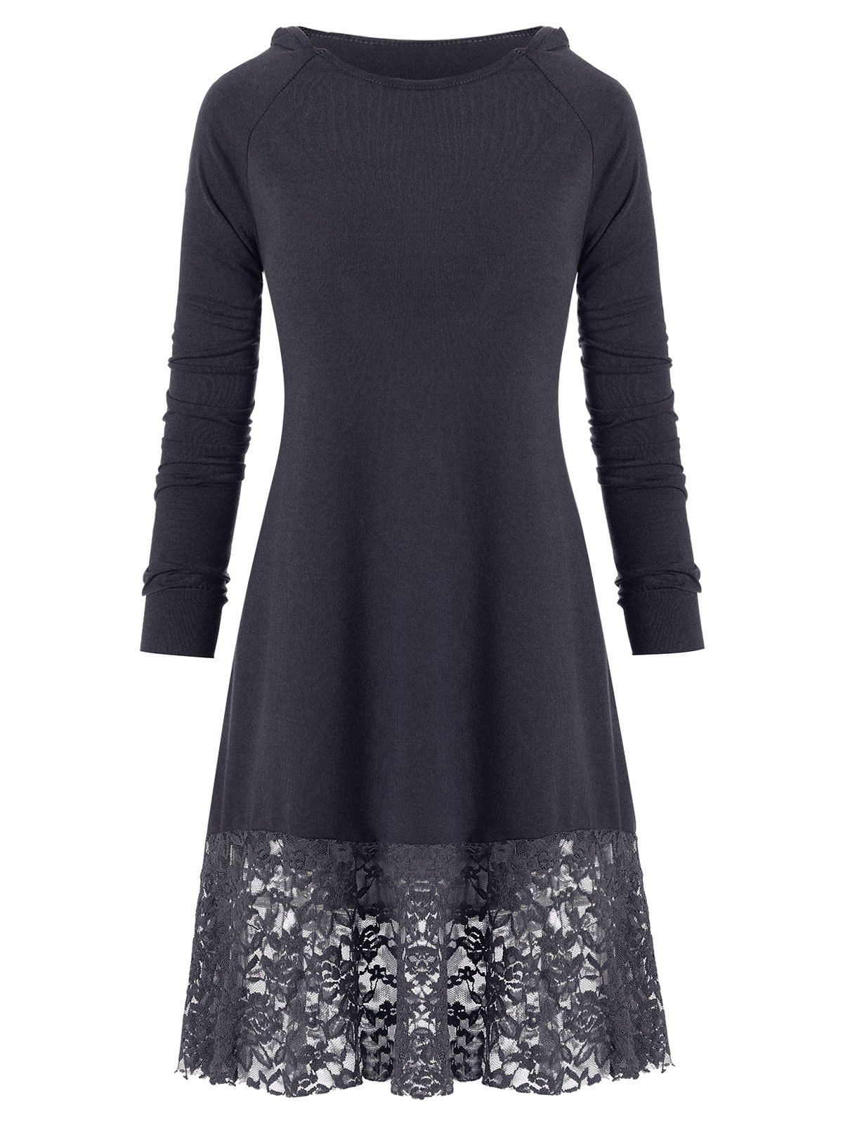 

Floral Lace Panel Hooded Long Sleeves Top, Gray