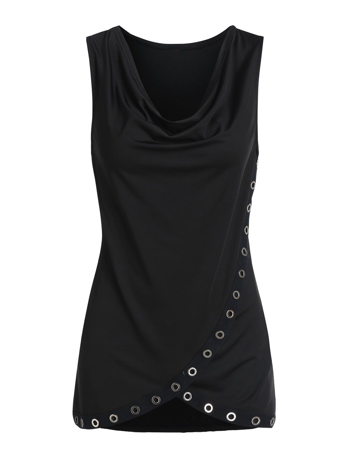 

Cowl Neck Grommet Embellished Tulip Hem Tank Top, Black