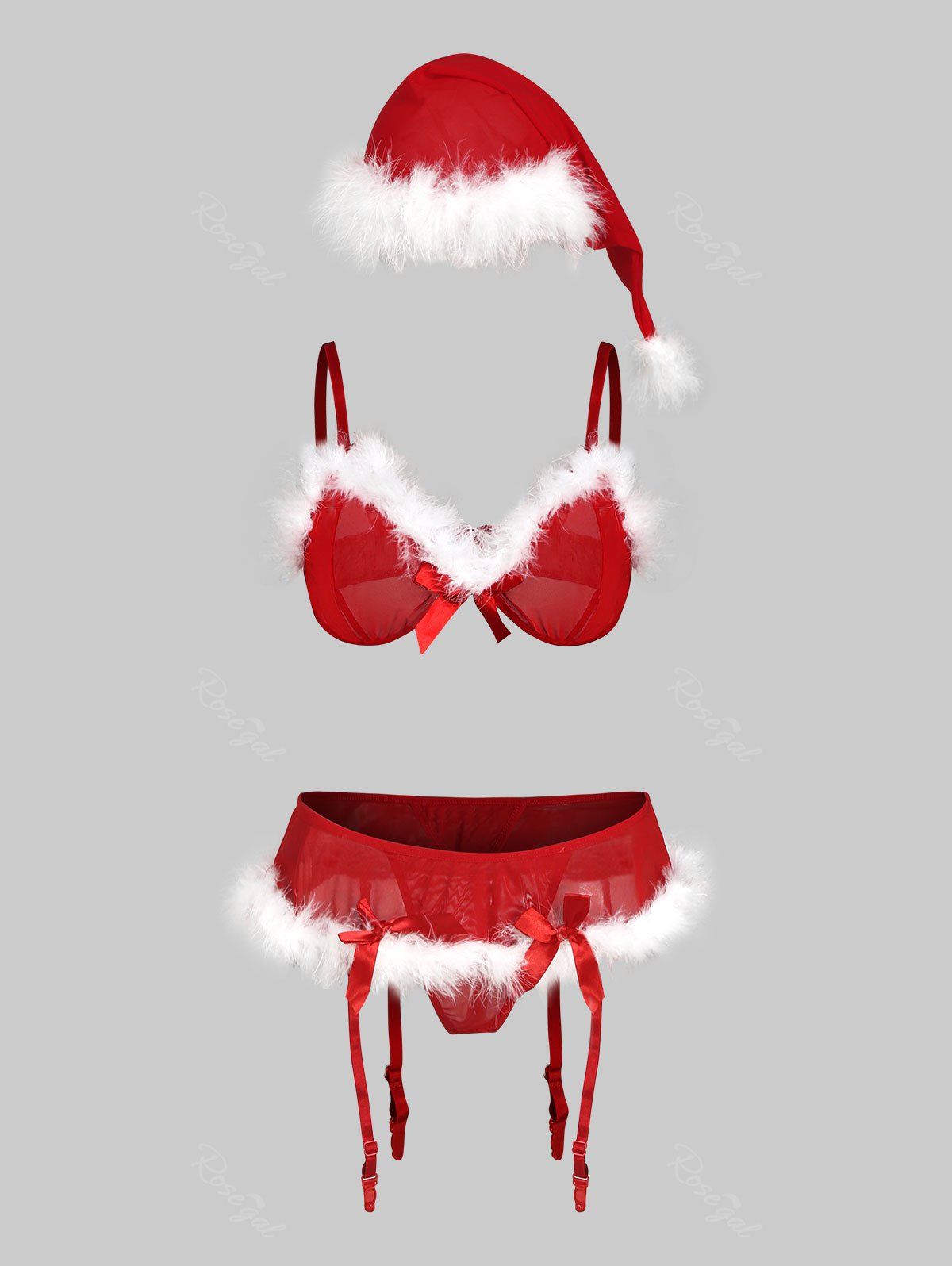 

Fuzzy Garter Christmas Hat Sheer Mesh Plus Size Lingerie Set, Red