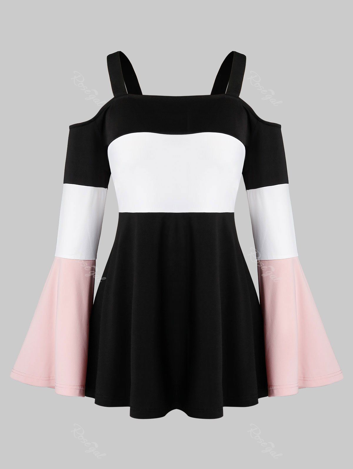 

Plus Size Cold Shoulder Color-blocking Flare Sleeve Tee, Black