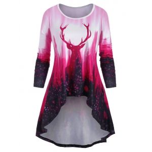 

High Low Elk Printed Christmas Plus Size Top, Deep pink