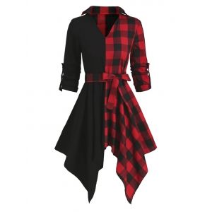 

Contrast Plaid Handkerchief Long Sleeve Casual Dress, Red wine