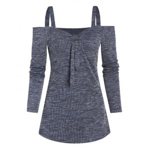 

Bow Ruched Cold Shoulder Long Sleeve Ribbed T-shirt, Slate blue