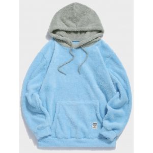 

Colorblock Splicing Faux Fur Fluffy Hoodie, Light sky blue