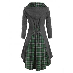 

Plaid Hooded Horn Button Lace Up Dip Hem Cardigan, Gray