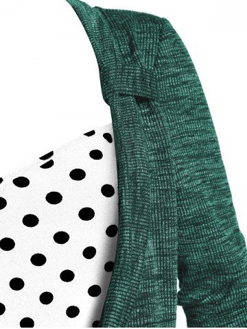 

Polka Dot Print Button Embellished Ribbed Faux Twinset Sweater, Dark green