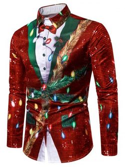 Christmas Faux Sequins Button Up Tuxedo Shirt - RED - XL