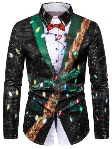 

Christmas Faux Sequins Button Up Tuxedo Shirt, Black