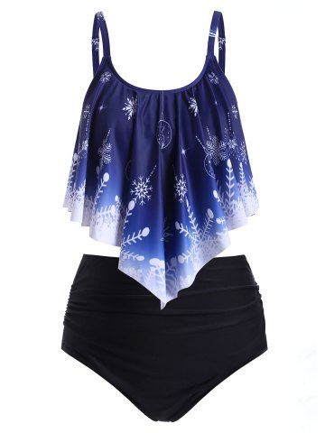 Plus Size Christmas Snowflake Print Overlay Tankini Swimwear - CADETBLUE - 4X
