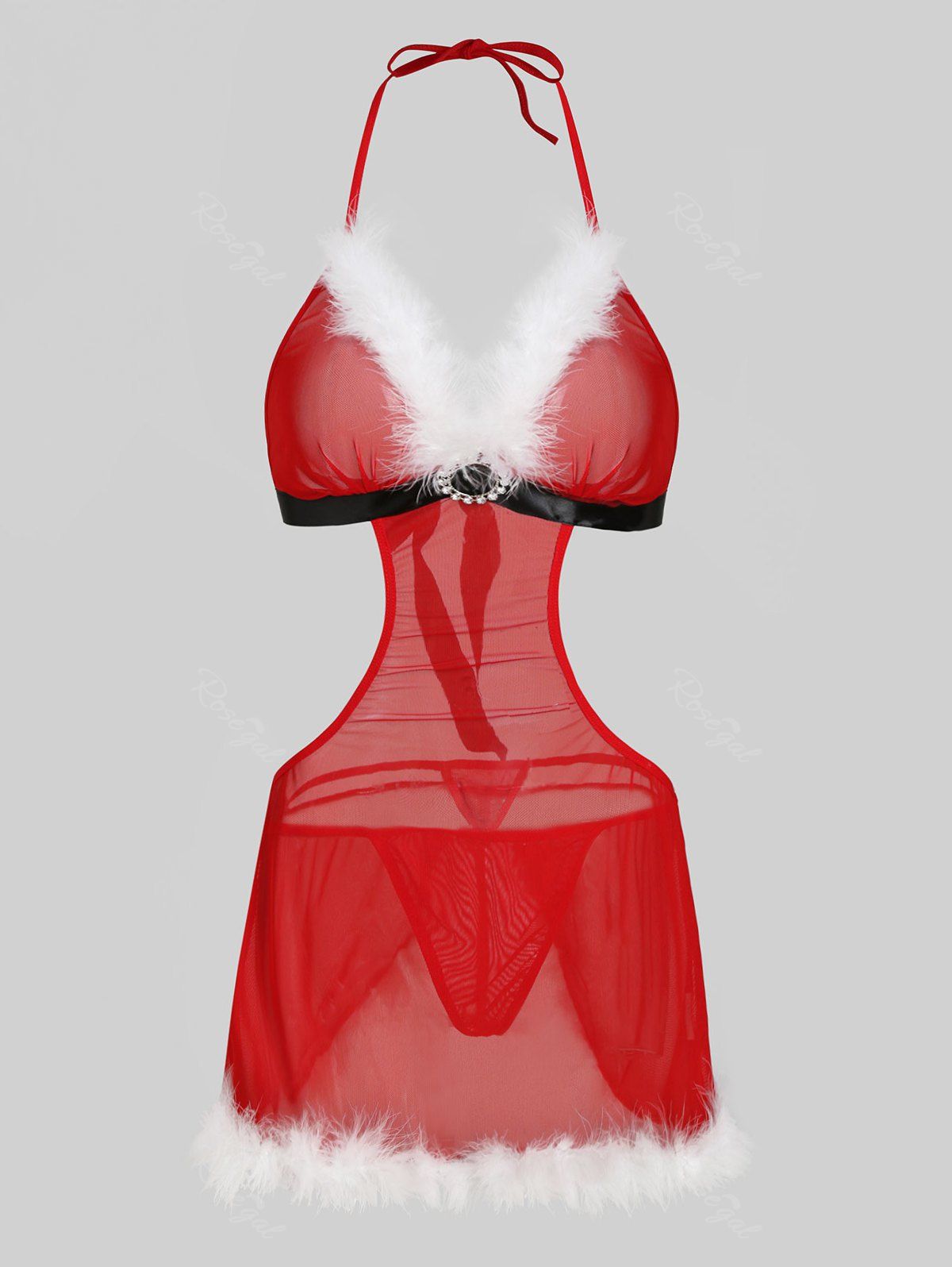 

T Back Christmas Fuzzy Sheer Mesh Plus Size Babydoll, Red