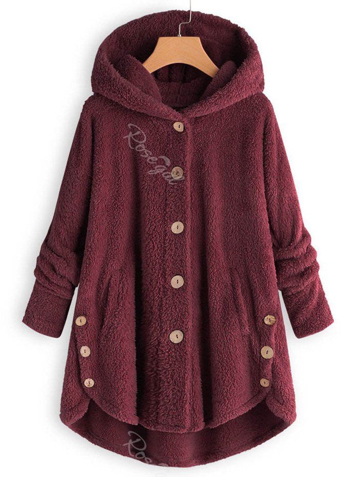 

Plus Size Faux Shearling Buttons Hooded Coat, Red wine