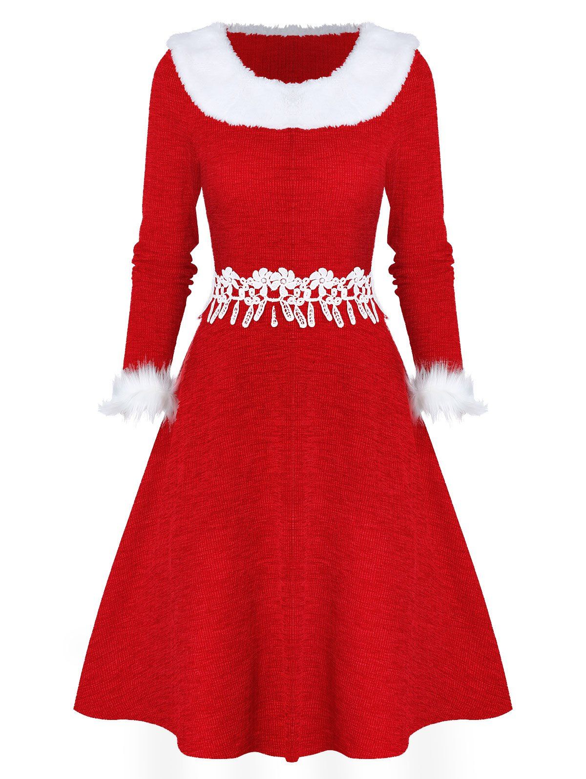 

Faux Fur Panel Fit And Flare Christmas Dress, Red