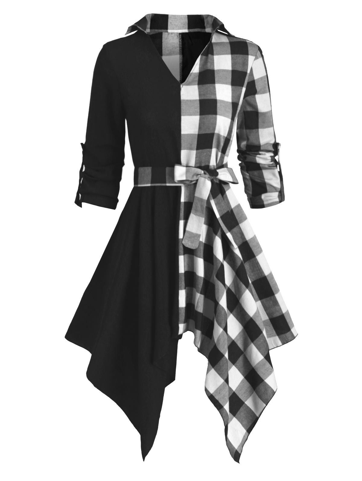 

Contrast Plaid Handkerchief Long Sleeve Casual Dress, Black