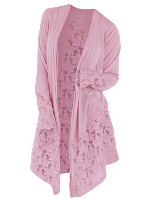 

Plus Size Lace Insert Longline Cardigan, Pig pink