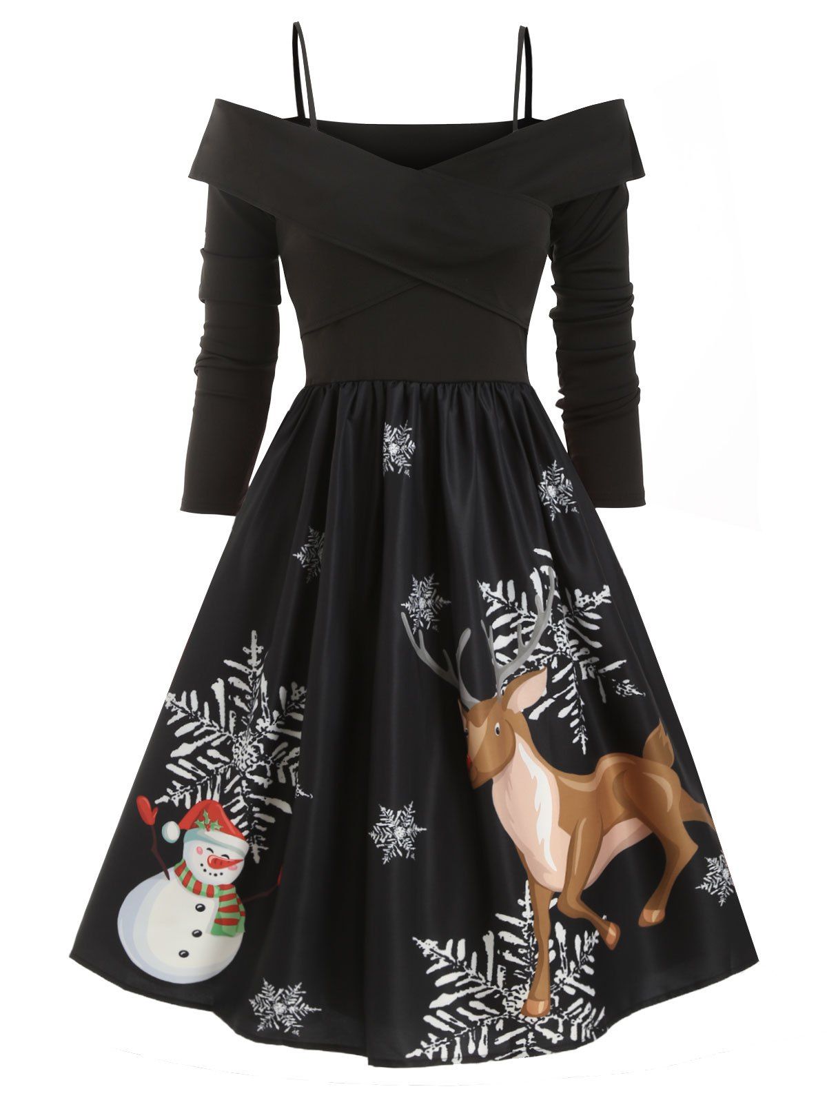 

Christmas Elk Snowman Snowflake Open Shoulder Criss Cross Dress, Black