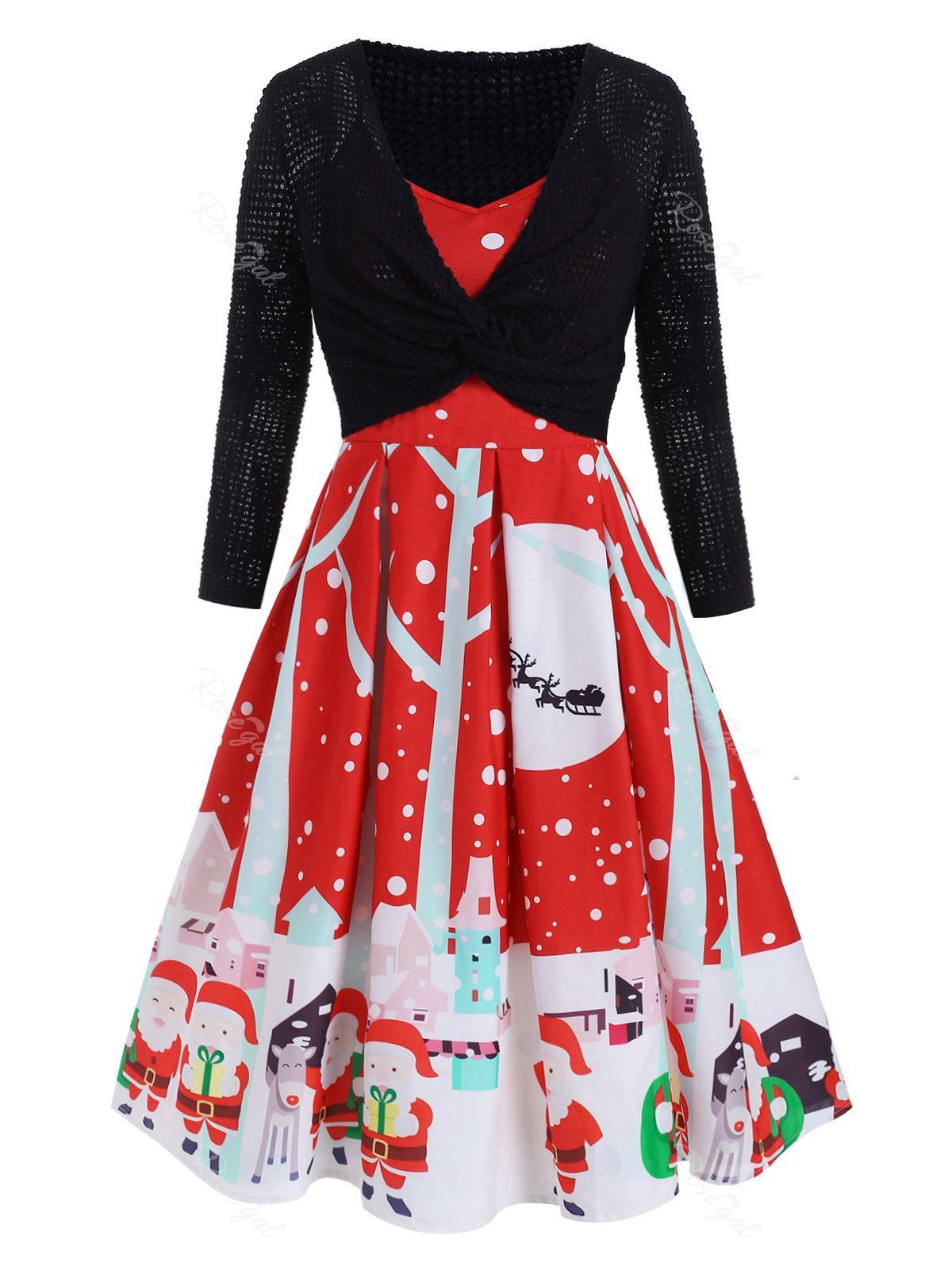

Plus Size Vintage Christmas Dress With Front Twist Top Set, Red