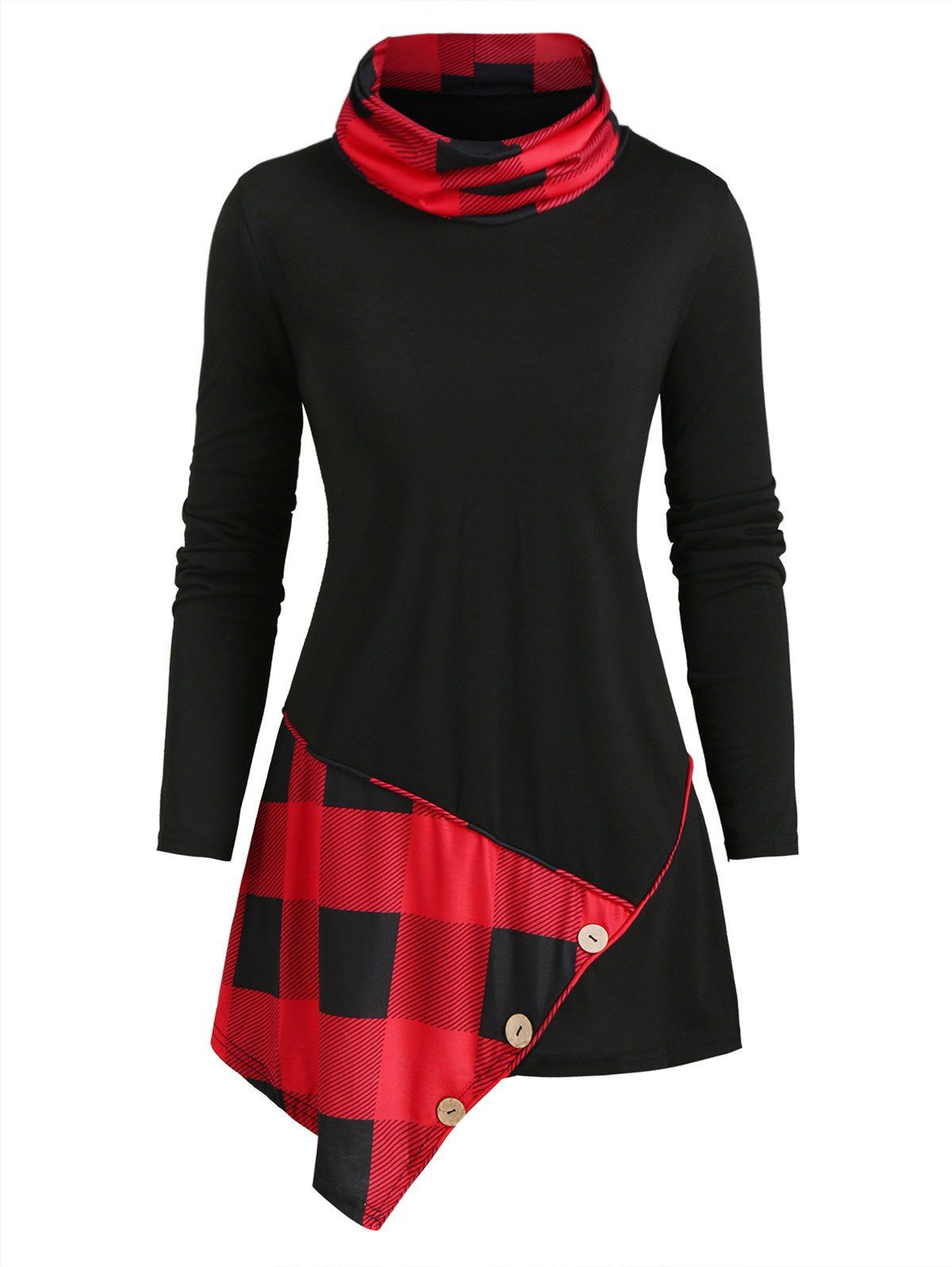 

Plaid Panel Buttoned Cowl Neck Asymmetrical Top, Red