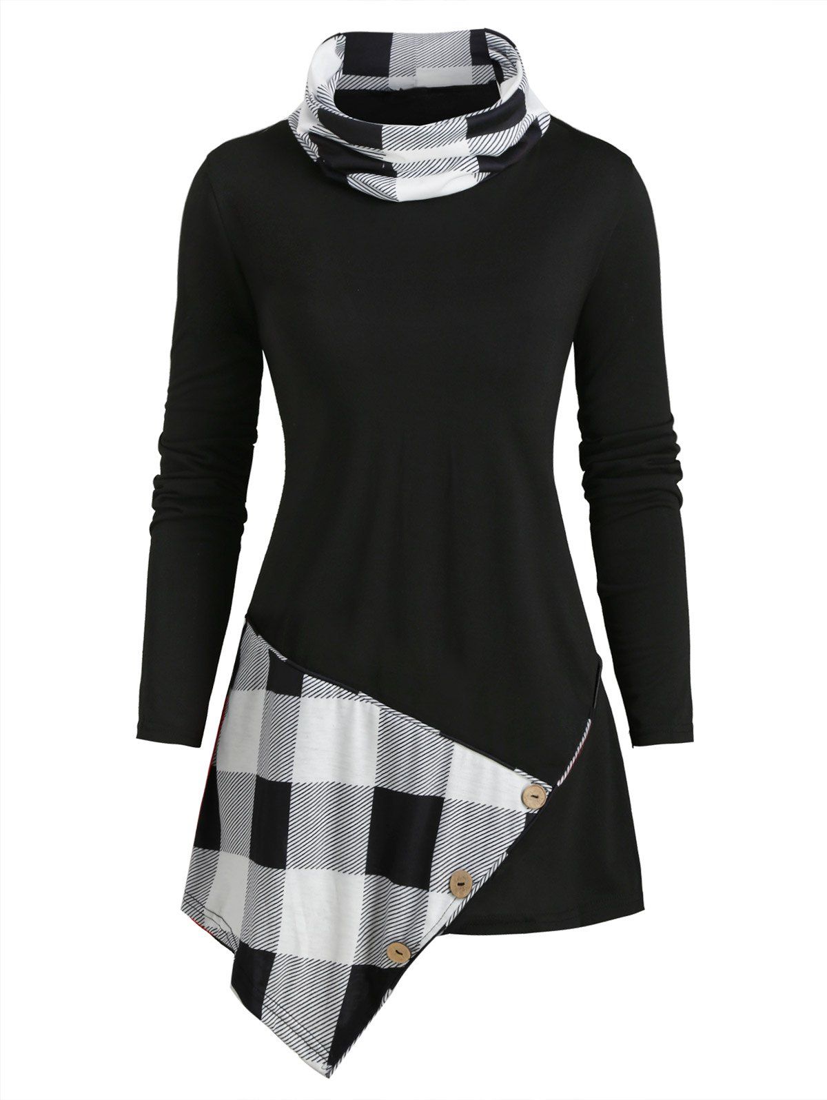 

Plaid Panel Buttoned Cowl Neck Asymmetrical Top, Black