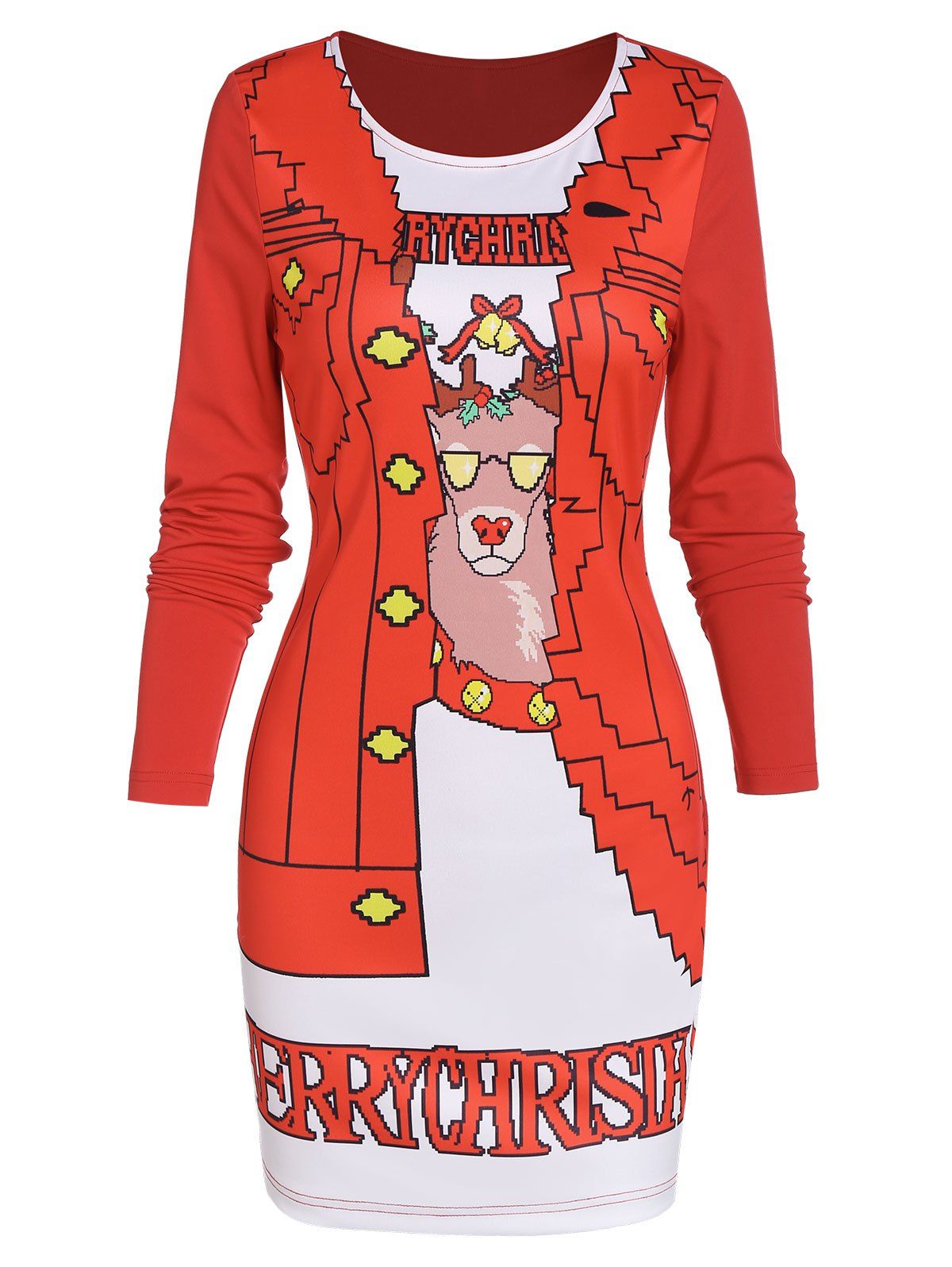 

Christmas Elk Print Round Collar Dress, Red