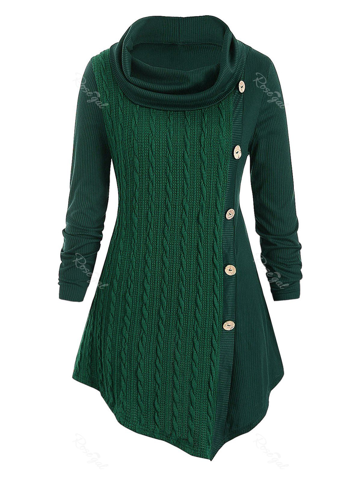 

Plus Size Cowl Neck Tunic Cable Knit Top, Dark green