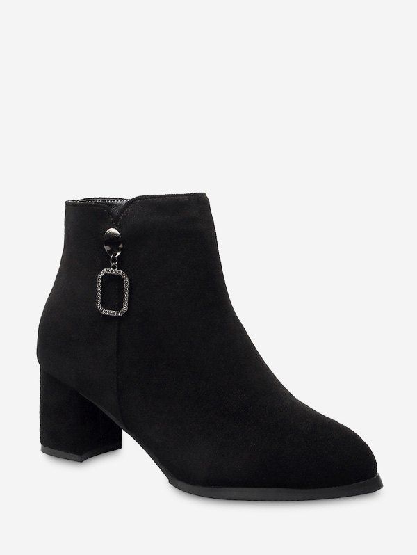 

Square Pendant Pointed Toe Chunky Heel Ankle Boots, Black