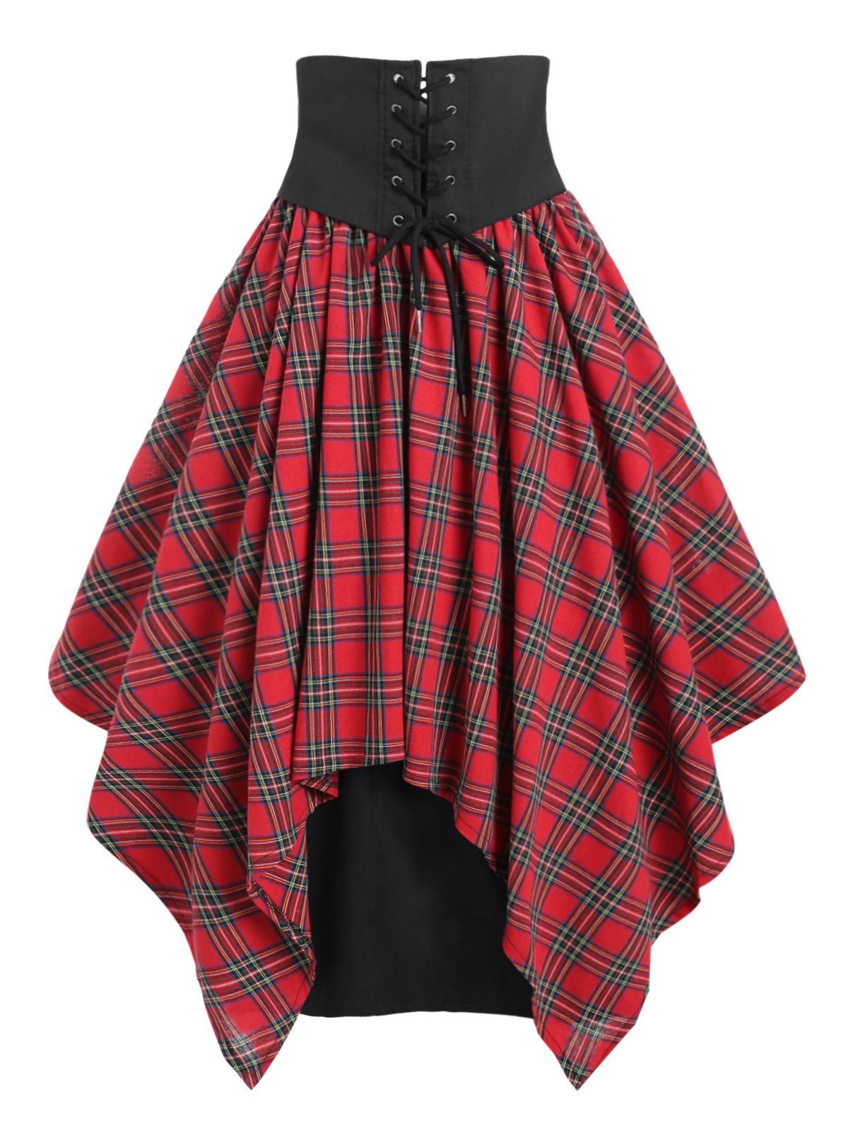 

Lace Up Belted Plaid Maxi Skirt, Lava red