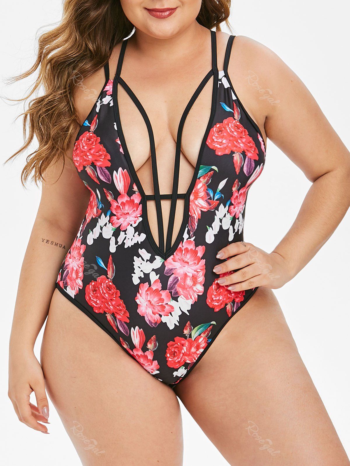 

Plus Size Plunge Strappy Floral One-piece Swimsuit, Multi