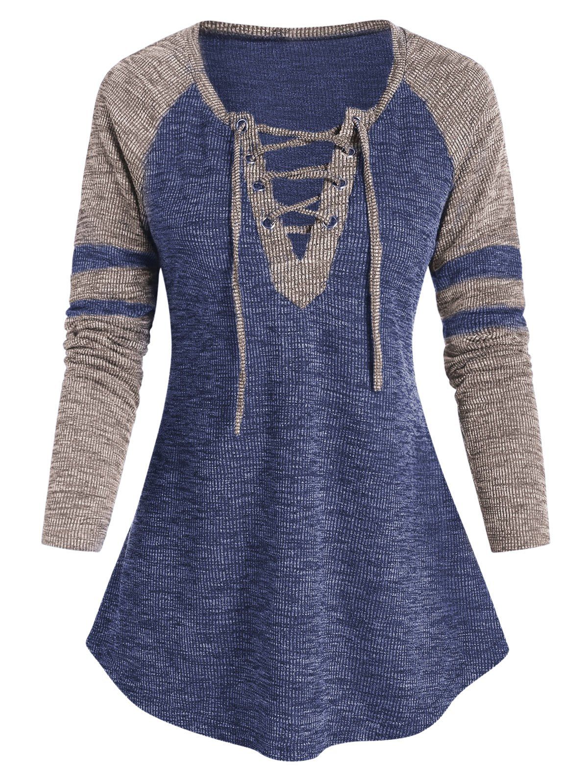 

Raglan Sleeve Lace-up Curved Hem Contrast T-shirt, Dark slate blue