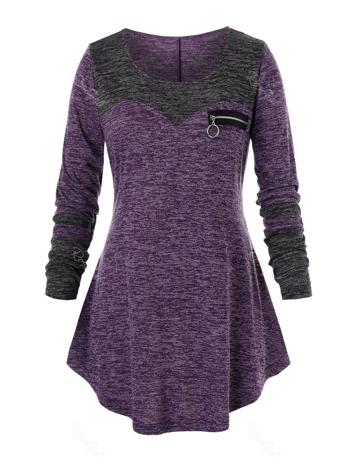 

Plus Size Pull Ring Zip Space Dye Curved Tunic Tee, Purple iris