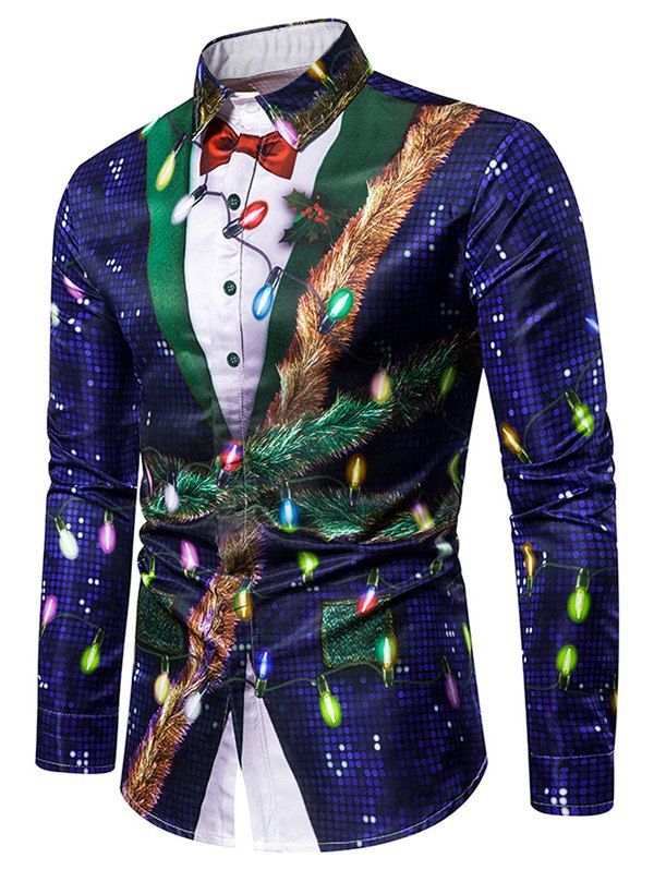 

Christmas Faux Sequins Button Up Tuxedo Shirt, Blue