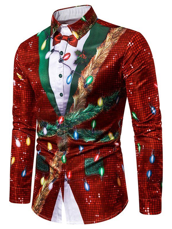 

Christmas Faux Sequins Button Up Tuxedo Shirt, Red