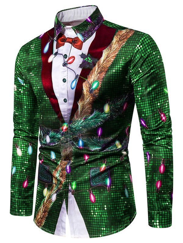 

Christmas Faux Sequins Button Up Tuxedo Shirt, Green