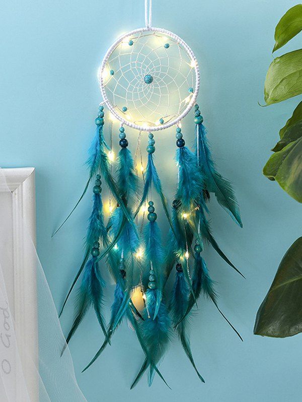 

Handmade LED Light String Beaded Feather Dream Catcher, Macaw blue green