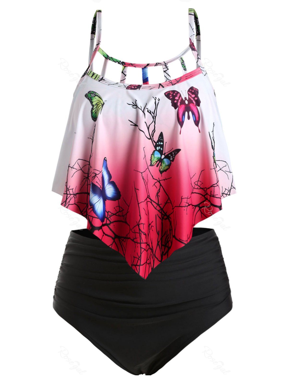 Cheap Plus Size Overlay Ombre Butterfly Print Tankini Swimwear  