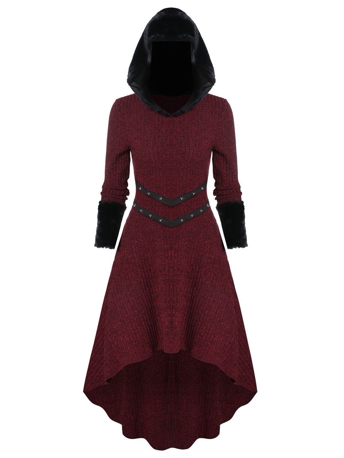 

Knitted Furry Sleeve Hooded Dress, Maroon