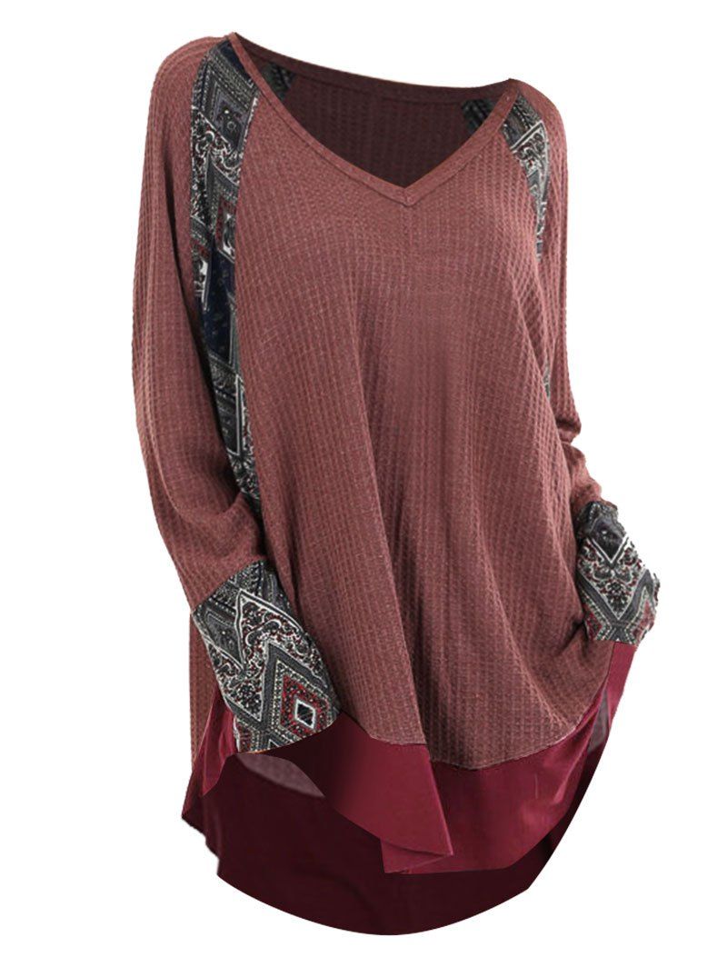 

Plus Size High Low Tribal Print Knitwear, Chestnut red