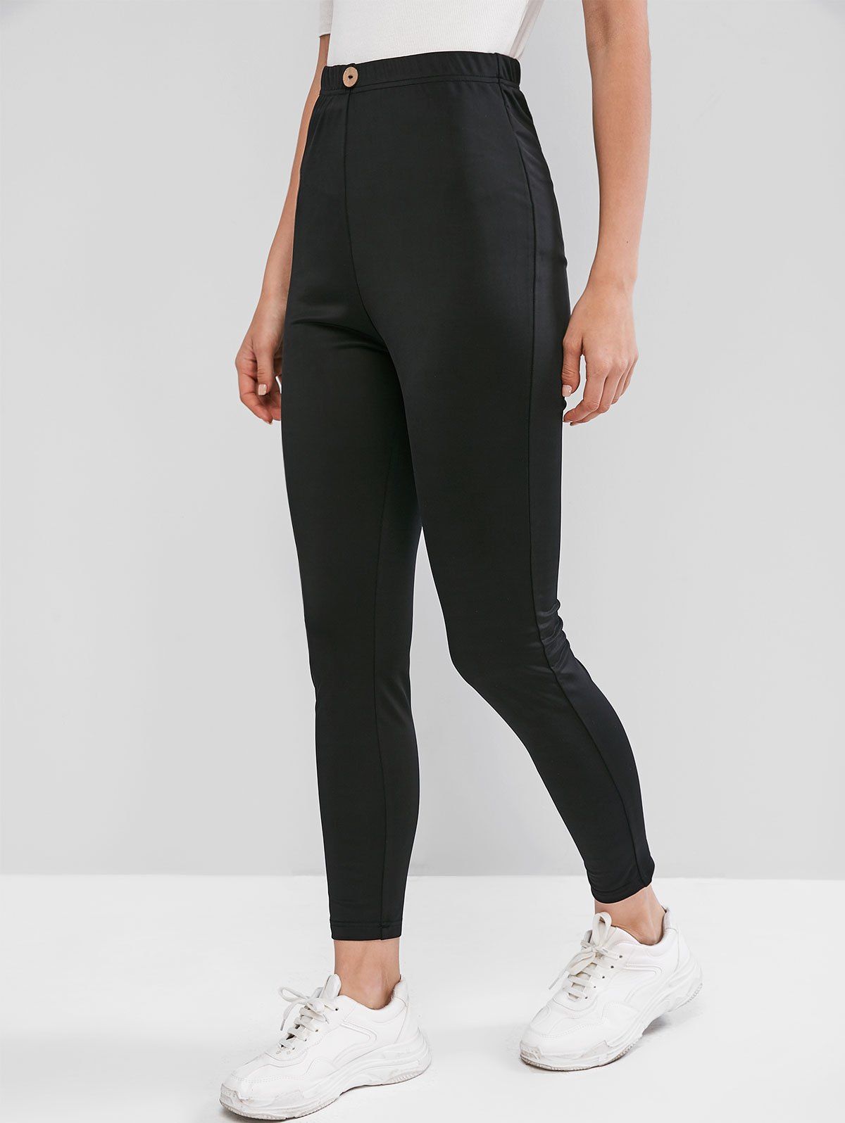 

Mock Button Solid Fitted Leggings, Black