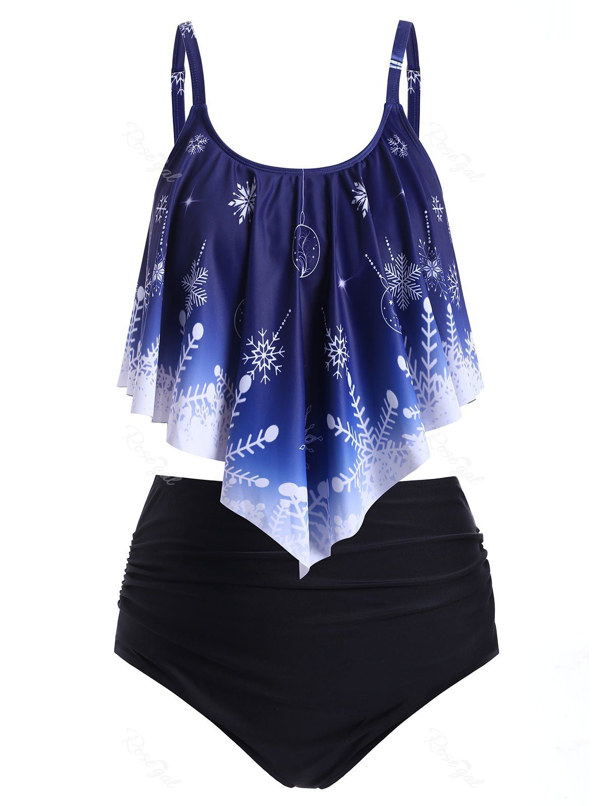 Outfits Plus Size Christmas Snowflake Print Overlay Tankini Swimwear  