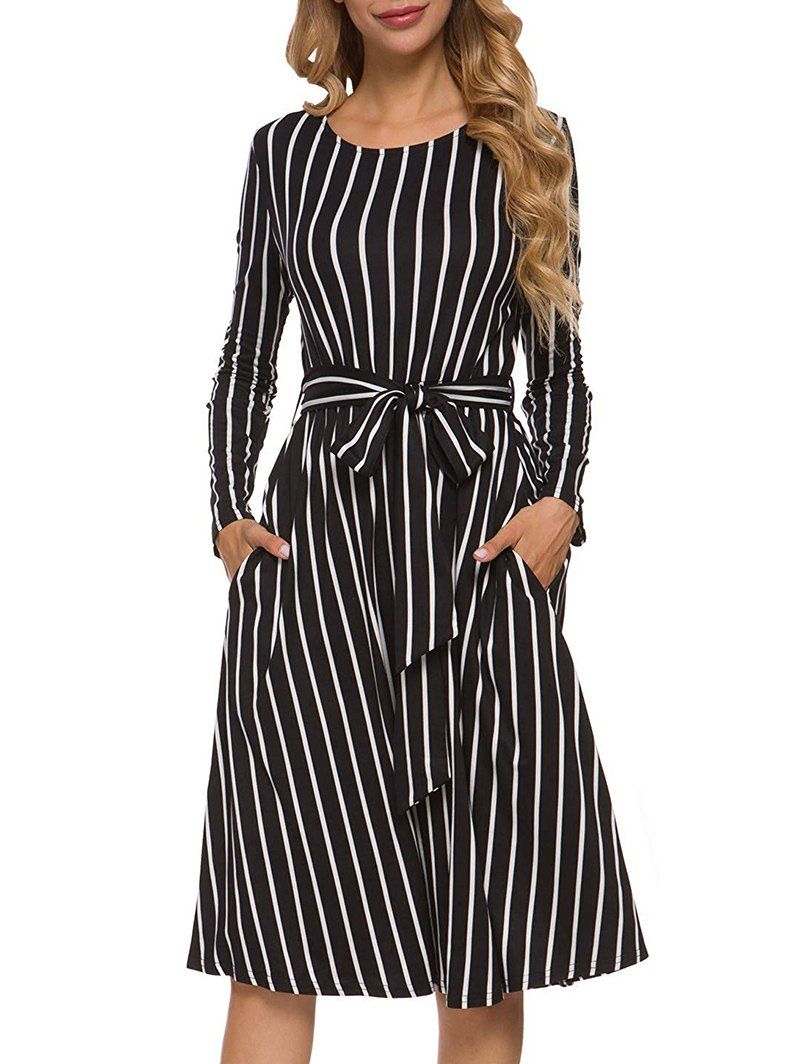 

Striped Belted Long Sleeve Pocket Dress, Black