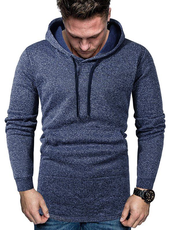 

Curved Hem Drawstring Kangaroo Pocket Fleece Hoodie, Blue