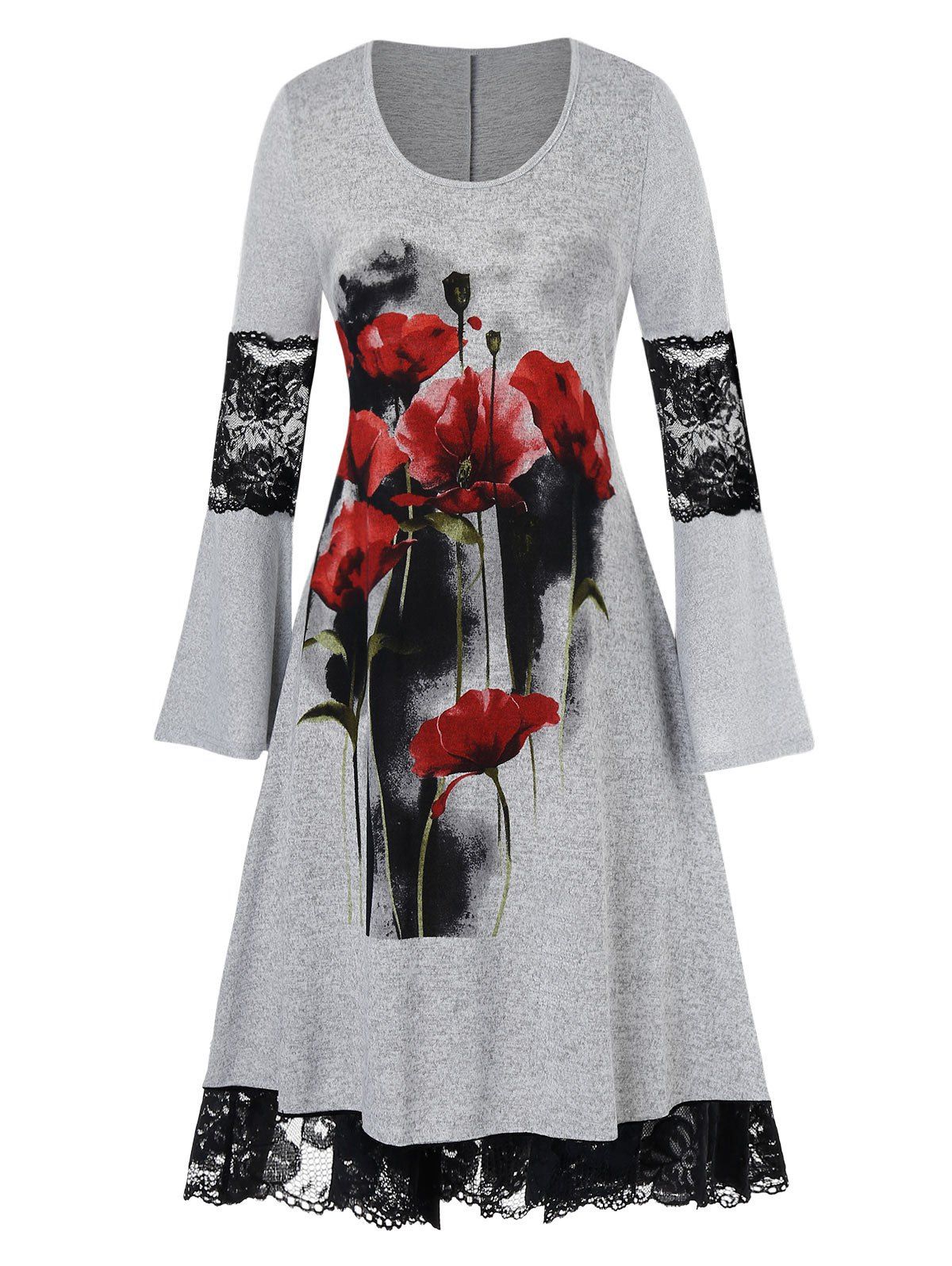 

Plus Size Lace Trim Midi Floral Dress, Gray
