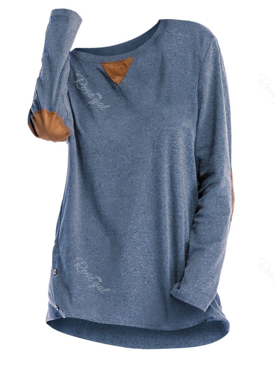 

Plus Size Elbow Patch Buttons Tunic T Shirt, Blue