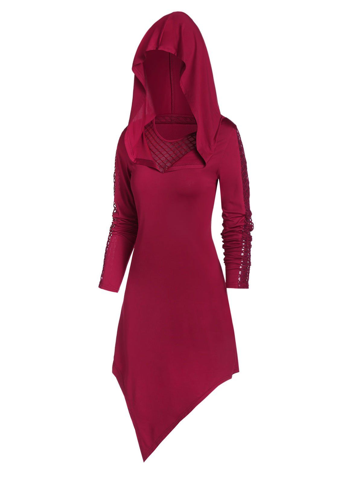 

Hooded Fishnet Insert Asymmetric Long Sleeve Dress, Red wine