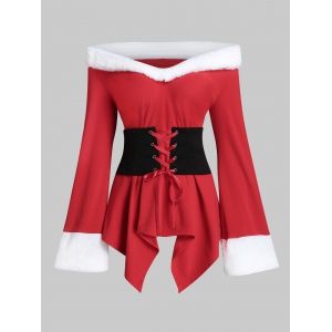 

Off Shoulder Faux Fur Trim Corset T Shirt, Red