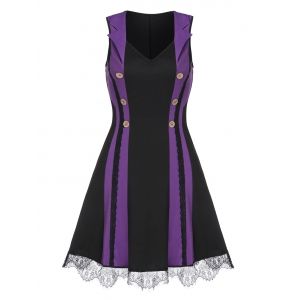 

Mock Button Lace Trim Contrast Sleeveless Dress, Purple