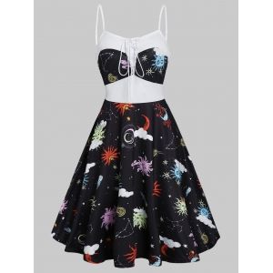

Sun Moon Print Lace Up Cami Dress, Black