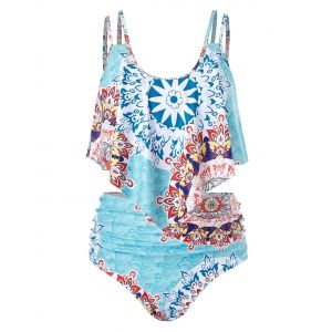 

Plus Size Print Cami Tankini Swimsuit, Coral blue